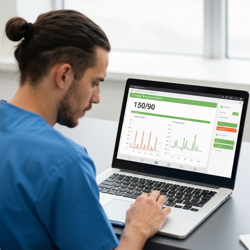 Healthcare professional reviewing patient vital signs and critical alerts on clinical dashboard